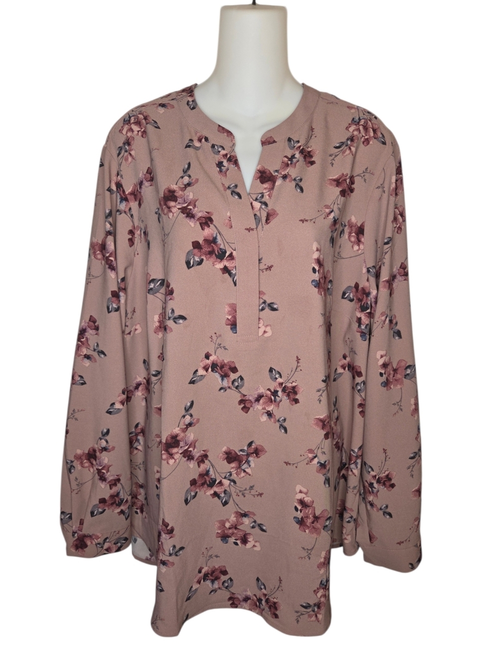 ​Hilary Radley XXL Mauve Floral V-Neck Blouse Long Sleeve Pleated Back Workwear